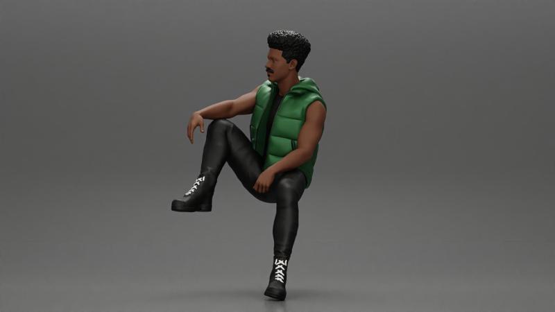 Black Young Man in open jacket Looking Away while Sitting on the car