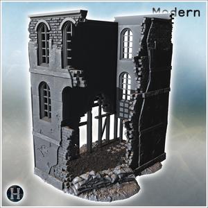 Ruined brick wall with collapsed roof sections and scattered debris on the ground (9) - Modern WW2 WW1 World War Diaroma Wargaming RPG Mini Hobby