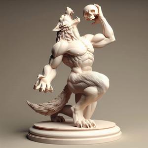 270 Ivory Werewolf Howling with Skull - 3D Model, dinosaur, sculpture, monkey, witch, serpent, fantasy, art, wooden, dragon, dnd, cat, monster hunter, dog, totem, totemic