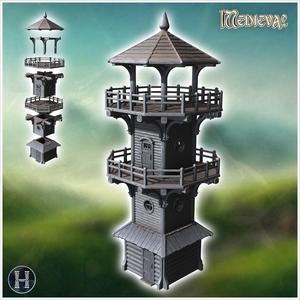 Three-story wooden tower with two balconies and a wide-roofed lookout post (16) - Medieval Gothic Feudal Old Archaic Saga 28mm 15mm RPG