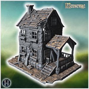Two-story wooden house with a damaged porch, broken windows, and a partially collapsed roof (29) - Medieval Gothic Feudal Old Archaic Saga 28mm 15mm RPG