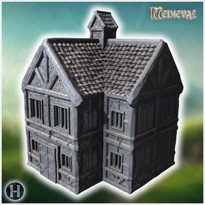 Medieval-style building with an annex, stone steps, wooden beams, and intricate roof tiles (42) - Medieval Gothic Feudal Old Archaic Saga 28mm 15mm RPG
