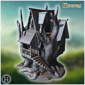 Gothic house elevated on twisted roots with steep rooflines and intricate wooden detailing (47) - Medieval Gothic Feudal Old Archaic Saga 28mm 15mm RPG