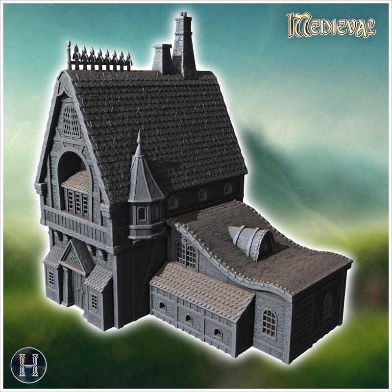 Medieval-style house with a steeply pitched roof, large chimneys, and a central tower (27) - Medieval Gothic Feudal Old Archaic Saga 28mm 15mm RPG