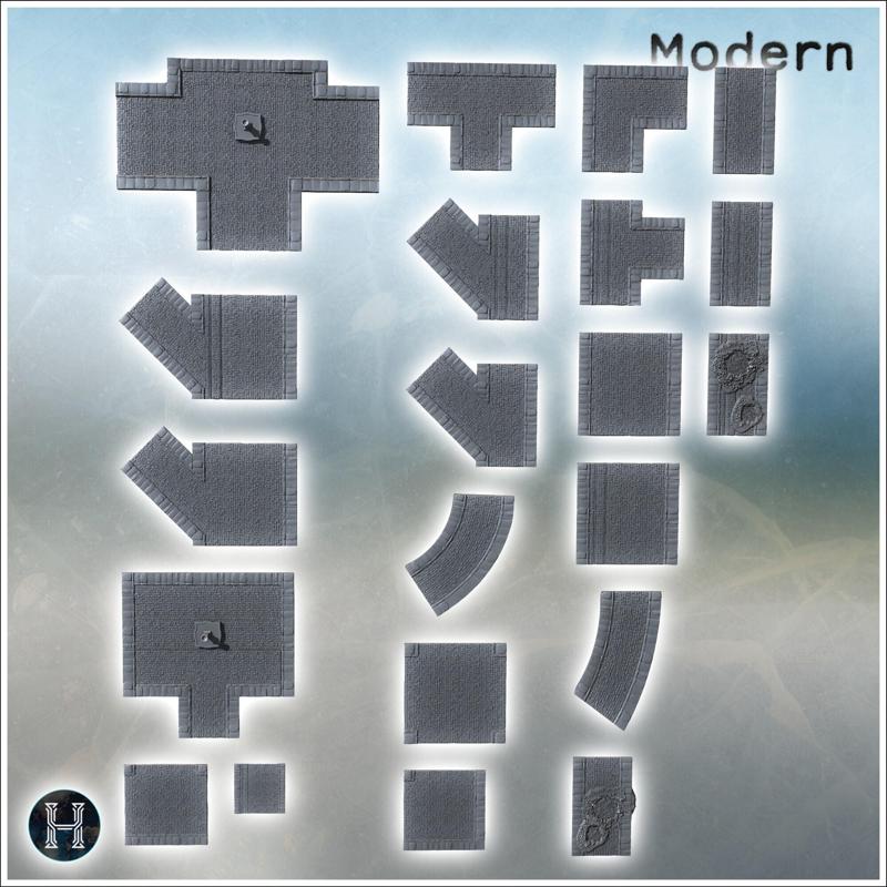 Set of modular urban paved roads with plaza (wide + narrow versions) (1) - Modern WW2 WW1 World War Diaroma Wargaming RPG Mini Hobby