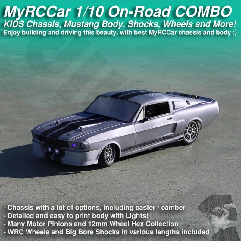 MyRCCar Complete On-Road RC Car COMBO, 1967 Mustang Body with KIDS Chassis, Wheels, Shocks, HEX and Motor Pinions