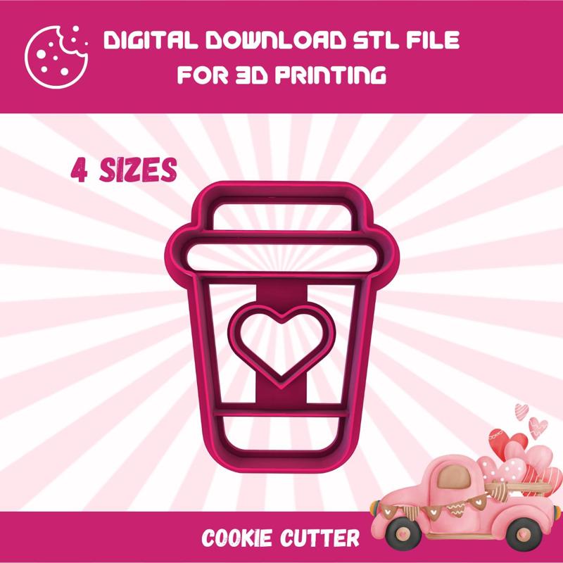 Cutty Clay stl love cup of coffee cookie cutter, 4 sizes stl file for 3D printing