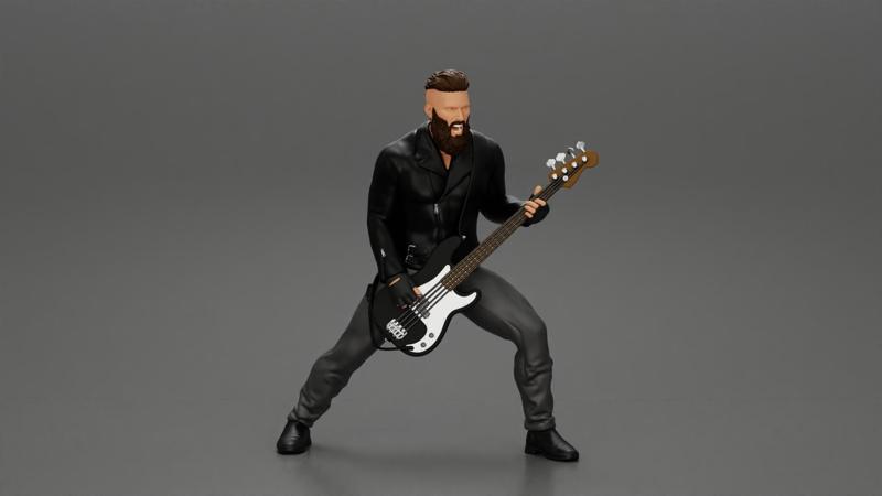 Rock man play white bass guitar in leather jacket  with long hair and beard