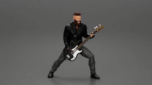 Rock man play white bass guitar in leather jacket  with long hair and beard