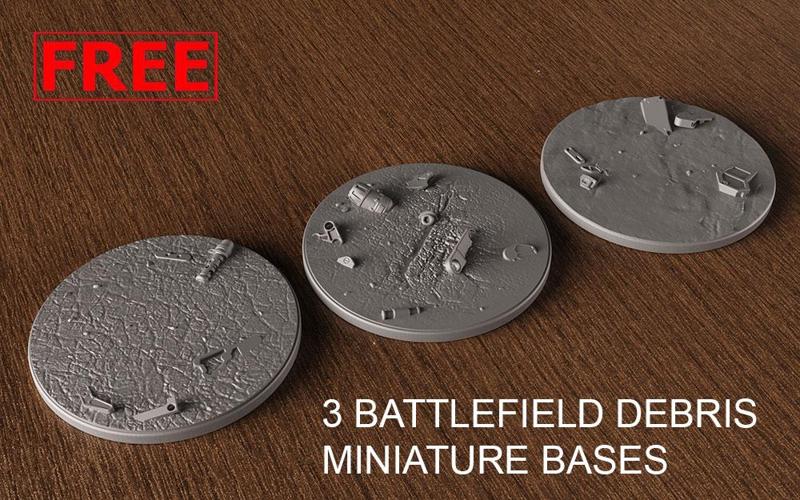 FREE PACK - 3 BATTLEFIELD DEBRIS MINIATURE BASES 100mm 3D Print Ready - .OBJ files
