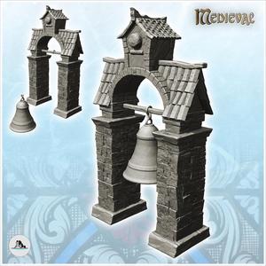 Medieval bell on stone supports and tiled roof (10) - Medieval Gothic Feudal Old Archaic Saga 28mm 15mm RPG