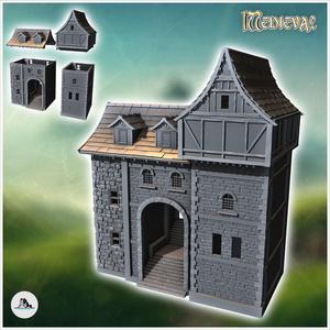 Medieval stone building with concave roof and central staircase arch (16) - Medieval Gothic Feudal Old Archaic Saga 28mm 15mm RPG