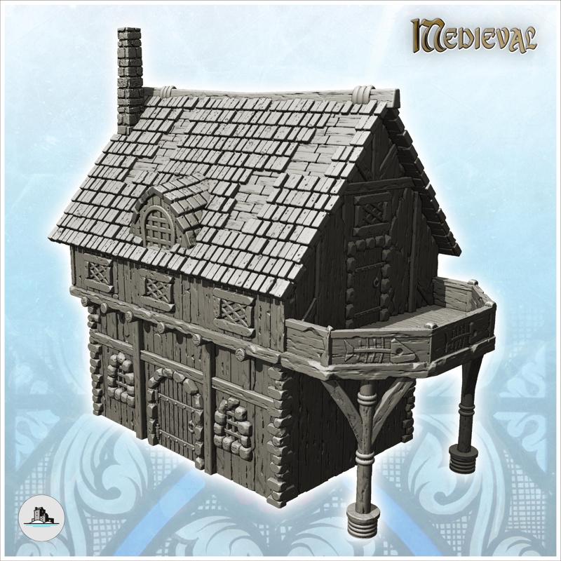 Medieval wooden house with large terrace and fireplace (14) - Medieval Gothic Feudal Old Archaic Saga 28mm 15mm