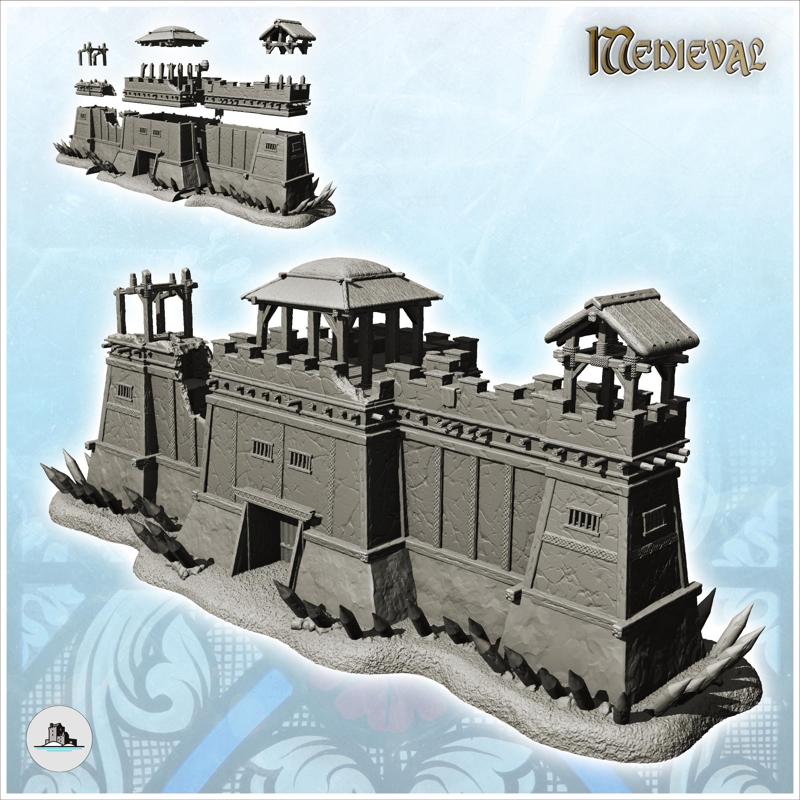 Large wall with two towers and fortified gate with roofs (10) - DnD Wargaming Medieval War of the Rose Saga