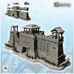 Large wall with two towers and fortified gate with roofs (10) - DnD Wargaming Medieval War of the Rose Saga