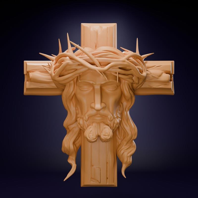 ✝️ Rostro de Cristo en la Cruz con Corona de Espinas – Modelo 3D de Arte Sacro