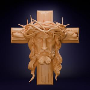 ✝️ Rostro de Cristo en la Cruz con Corona de Espinas – Modelo 3D de Arte Sacro