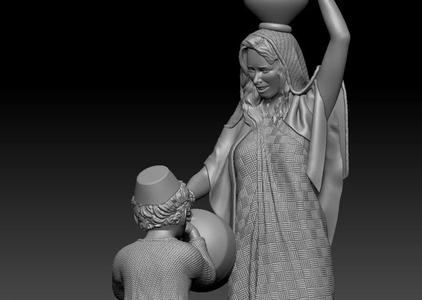 Woman with amphora giving water to a child - printable
