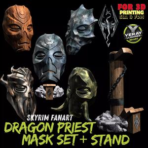 Dragon Priest Mask Collection and Display Stand from Skyrim