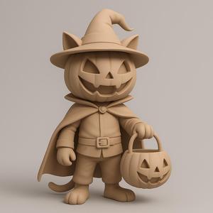 Pumpkin-Headed Cat Wizard with Basket