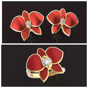 set orchidees earring and ring with enamel 3D Model Collection