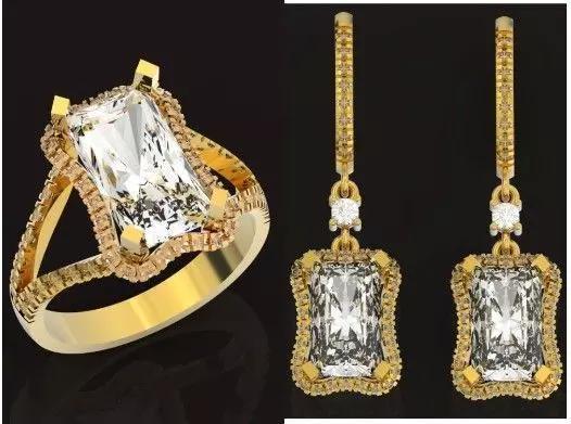 engagement ring and earrings set with a large  radiant  stone 3D Model Collection
