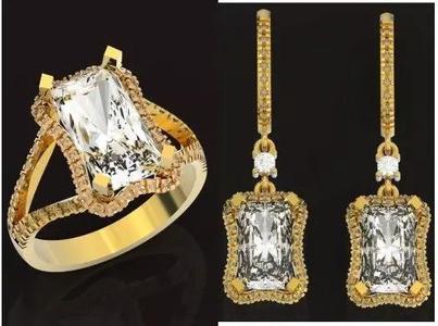engagement ring and earrings set with a large  radiant  stone 3D Model Collection