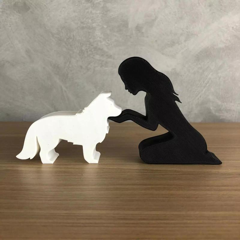 Girl and her Border Collie -straight hair- for 3D printer
