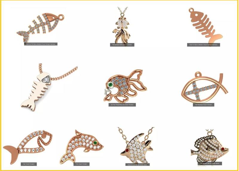 10 Diamond Fish  Charm Pendant Necklace  3D Model Collection