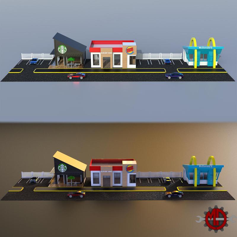 Diorama Pack | 1:64 scale | starbucks, burgerking, fastfood, carpark and roads,sidewalk dioramas for hotwheels