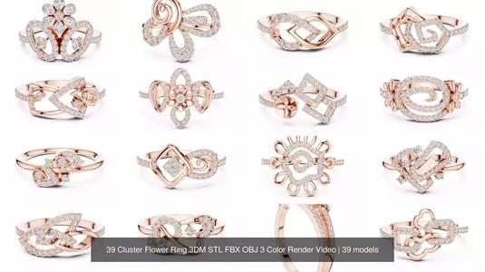 39 Cluster Flower Ring 3DM STL FBX OBJ 3 Color Render Video 3D Model Collection