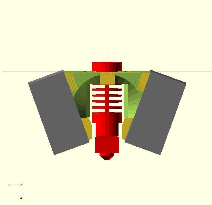 Mini Kossel j-head mount with 40mm PEEK fan and dual 40x40x20mm blowers for layer cooling
