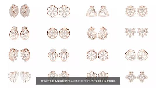 19 Diamond Studs Earrings 3dm stl renders animation 3D Model Collection