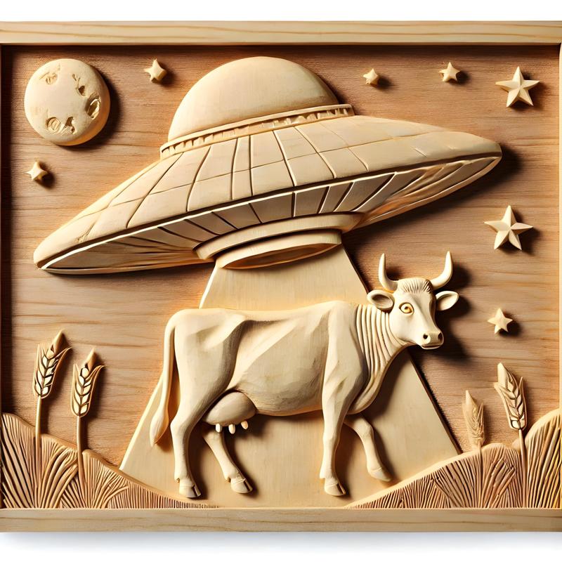 Spaceship and Cow Abduction Scene:3D Sci-Fi Bas Relief