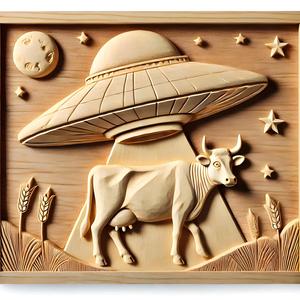 Spaceship and Cow Abduction Scene:3D Sci-Fi Bas Relief