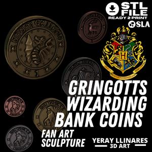 Gringotts Wizarding Bank coins (Galleon, Sickle, and Knut)