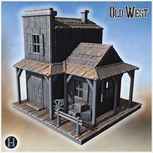 Wooden house with dual roofs, side porch, fenced front and accessories like wheel and barrels (4) - Cowboy USA America ACW American Civil War History Historical