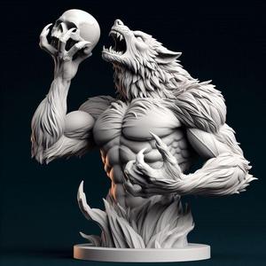 483 Ivory Werewolf Howling with Skull - 3D Model, magic, collectible, creature, dinosaur, sculpture, bear, troll, monkey, witch, club, werewolf, serpent, cat, fantasy, fair