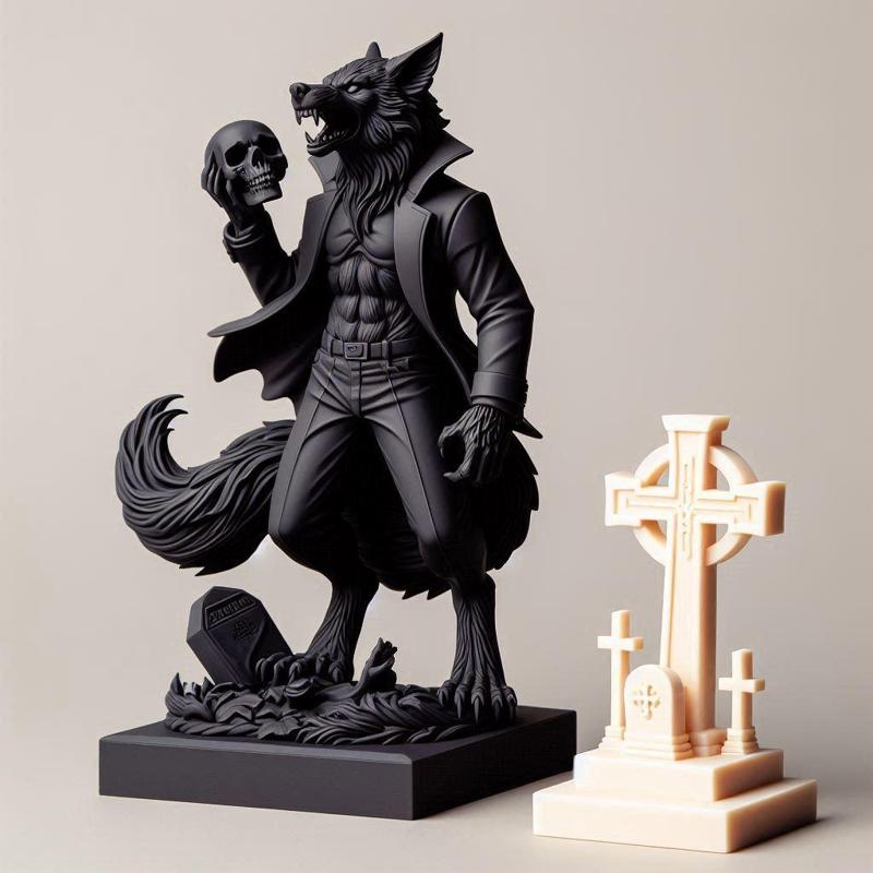 907 Ivory Werewolf Howling with Skull - 3D Model, magic, creature, fantasy, wood, base, sword, warrior, wild, cat, monster, dog, godzilla, fair, witch, werewolf, horror, beast, gothic, troll