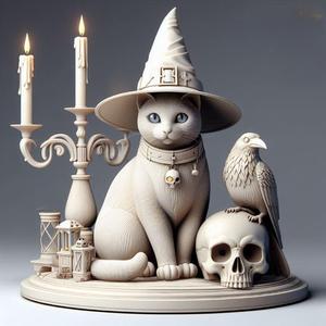 895 Witch Cat Composition - Skull, Raven & Candleholder on Shared Ivory Base, magic, creature, fantasy, wood, base, sword, warrior, wild, fox, monster, dog, godzilla, fair, witch, werewolf, horror, beast, gothic, troll