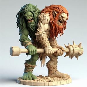 669 Two-Headed Roaring Norwegian Troll - 3D-Printed Ivory-Style Statue, fantasy, wood, base, sword, warrior, wild, low poly, dragon, dnd, cat, monster hunter, monster, dog, godzilla, fair, totem