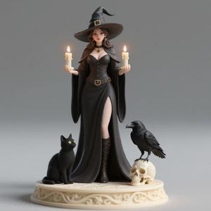 550 Elegant Black Witch with Candles, Black Raven, Black Cat and Skull - Full-Body Figurine, statue, magic, creature, sculpture, bear, troll, monkey, witch, werewolf, dachshund, pug, serpent, dragon, dnd, cat, monster hunter, dog