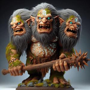 682 Three-Headed Troll - 3D-Printed Fantasy Statue with Club, character, sculpture, statue, creature, low poly, collectible, wood, sword, base, warrior, wild, dog, dragon, dnd, cat, monster hunter, monster, totem, totemic