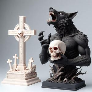 1068 COLORFUL Werewolf Howling with Skull - 3D Model, beast, magic, creature, fantasy, wood, base, sword, warrior, wild, cat, monster, dog, godzilla, fair, witch, werewolf, horror, beast, gothic, troll