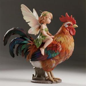 1112 Fairy Rider - COLORFUL 3D-Printed Ivory-Style Statue of Fairy on Rooster, magic, witch, werewolf, fantasy, wood, base, sword, warrior, wild, dnd, cat, monster, dog, godzilla, fair, lion, fox, faun, pomeranian, beast