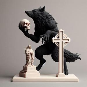 1063 Ivory Werewolf Howling with Skull - 3D Model, beast, magic, creature, fantasy, wood, base, sword, warrior, wild, cat, monster, dog, godzilla, fair, witch, werewolf, horror, beast, gothic, troll