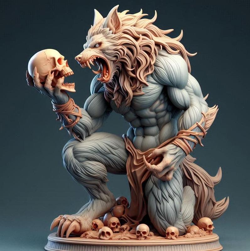 1734 COLORFUL Werewolf Howling with Skull - 3D Model, magic, fox, kung fu, shapeshifter, martial arts, fantasy, Pu Song Ling, warrior, mystic, legend, monster, fair, witch, werewolf, horror, beast, snake, troll, skeleton dance