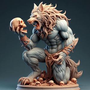 1734 COLORFUL Werewolf Howling with Skull - 3D Model, magic, fox, kung fu, shapeshifter, martial arts, fantasy, Pu Song Ling, warrior, mystic, legend, monster, fair, witch, werewolf, horror, beast, snake, troll, skeleton dance