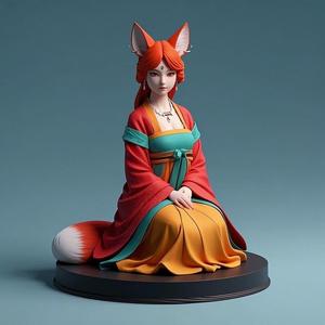 1598 COLORFUL Fox Spirit Woman in Pu Song Ling Style, magic, dragon, fantasy, wood, gnome, gorgon, warrior, wild, fox, monster, cat, dog, fair, witch, werewolf, horror, beast, gothic, troll