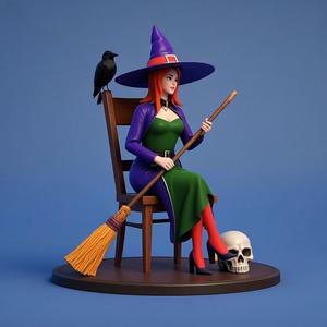 1641 Elegant Witch with Broom, Raven and Skull - Colorful Full-Body Figurine, magic, creature, fantasy, wood, gnome, gorgon, warrior, wild, fox, monster, cat, dog, fair, witch, werewolf, horror, beast, gothic, troll